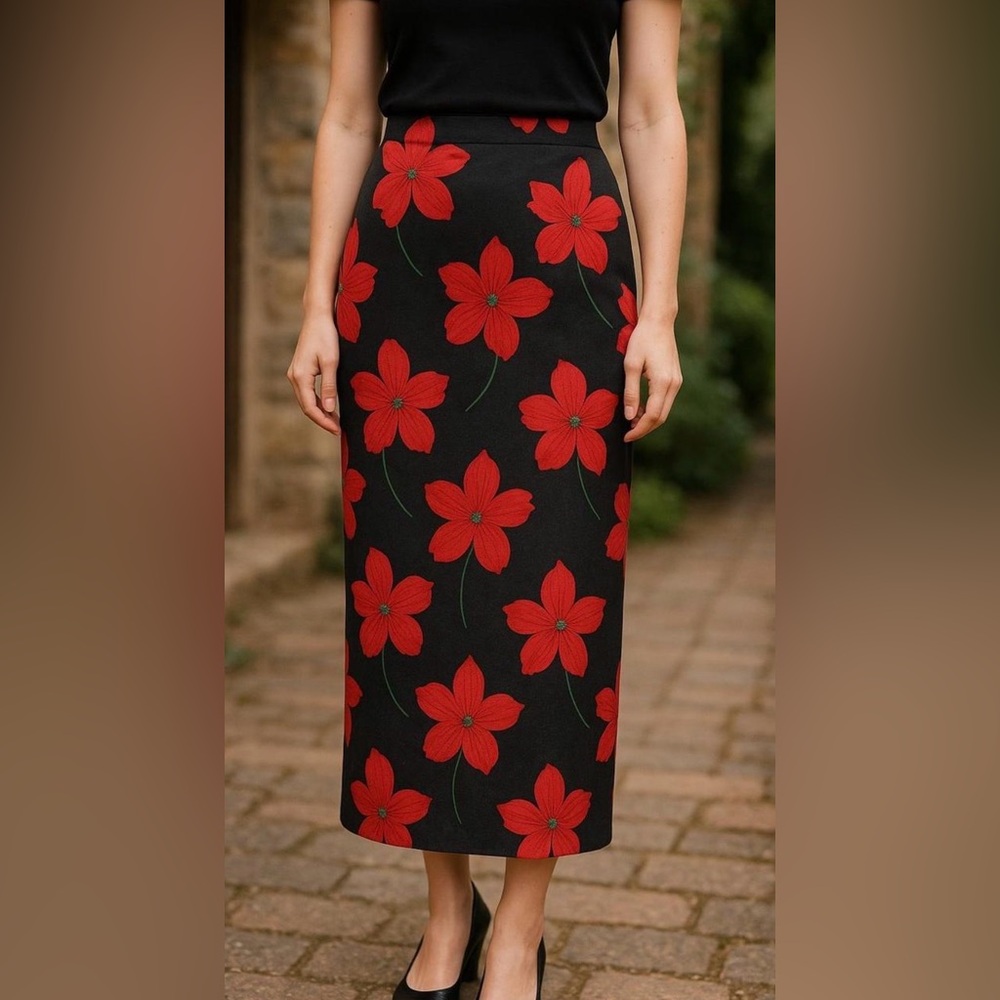 Briggs Petite 14P Black Red Floral Skirt Midi USA Made Stretch Pull On Mod Retro